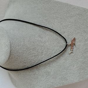 Mens silver shark charm black suede necklace